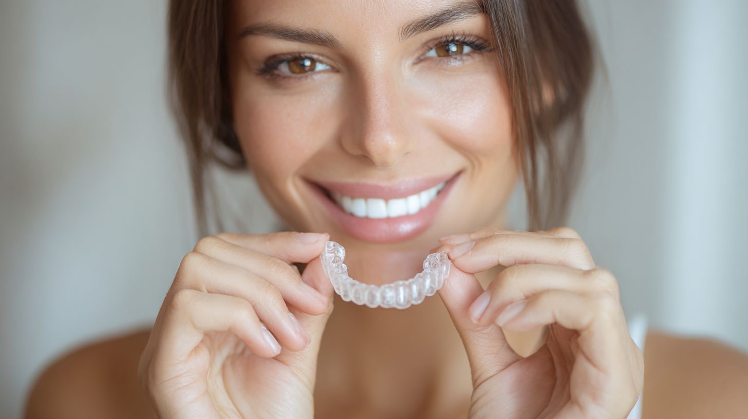Clear Invisalign aligner held up to a healthy smile